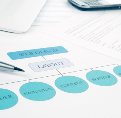 Conceptual web design component layout building plan. Pen, smartphone and touchpad tablet on background. Blue Toned